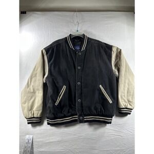 Basic Editions Mens Vintage Varsity Bomber Jacket Black Tan Cotton Canvas Large